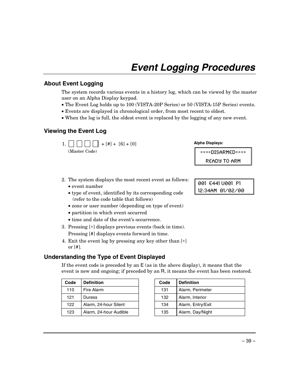Event logging procedures, About event logging, Viewing the event log | Understanding the type of event displayed | Honeywell ADEMCO VISTA VISTA-20PSIA User Manual | Page 39 / 64