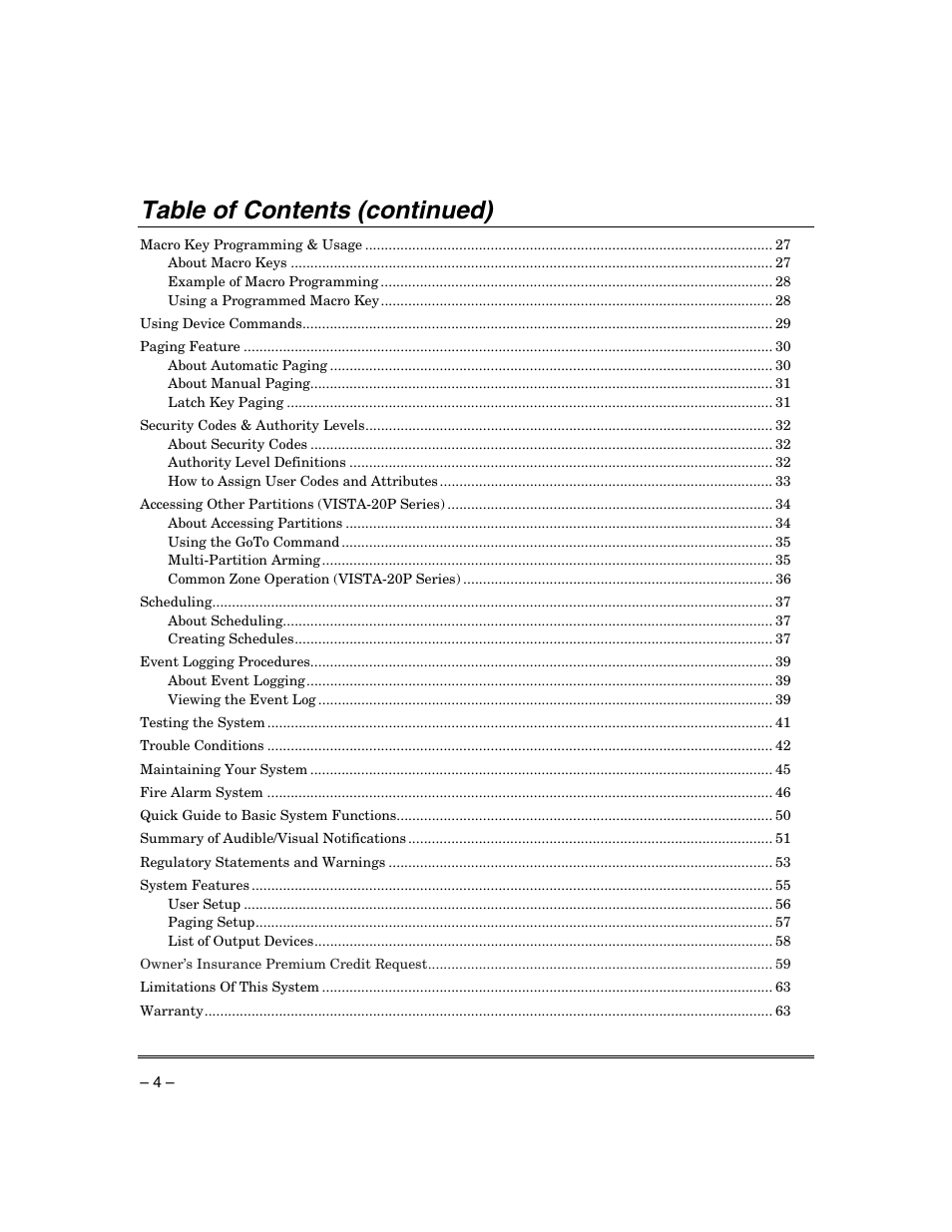 Table of contents (continued) | Honeywell ADEMCO VISTA VISTA-20PSIA User Manual | Page 4 / 64