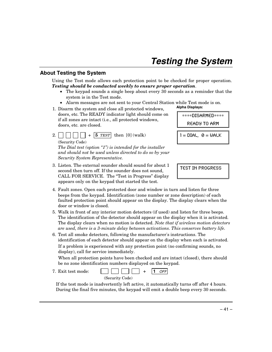 Testing the system, About testing the system | Honeywell ADEMCO VISTA VISTA-20PSIA User Manual | Page 41 / 64