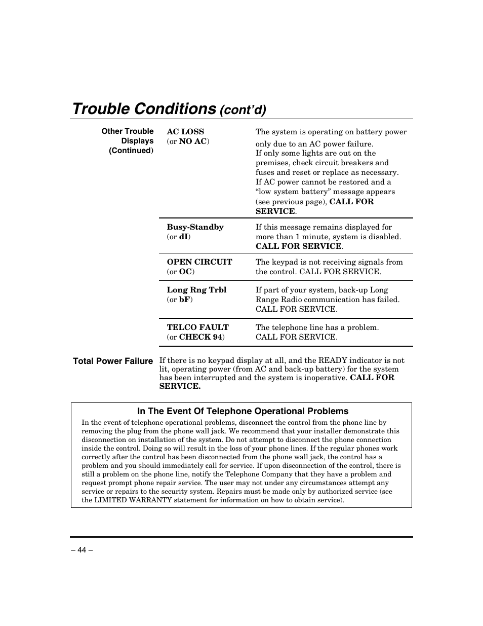 Trouble conditions, Cont’d) | Honeywell ADEMCO VISTA VISTA-20PSIA User Manual | Page 44 / 64