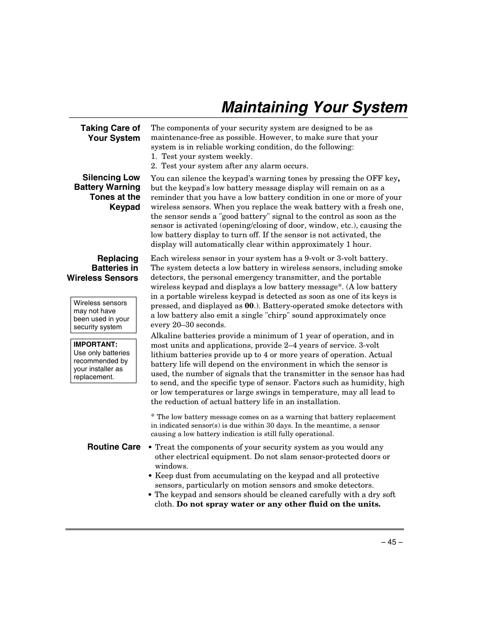 Maintaining your system | Honeywell ADEMCO VISTA VISTA-20PSIA User Manual | Page 45 / 64