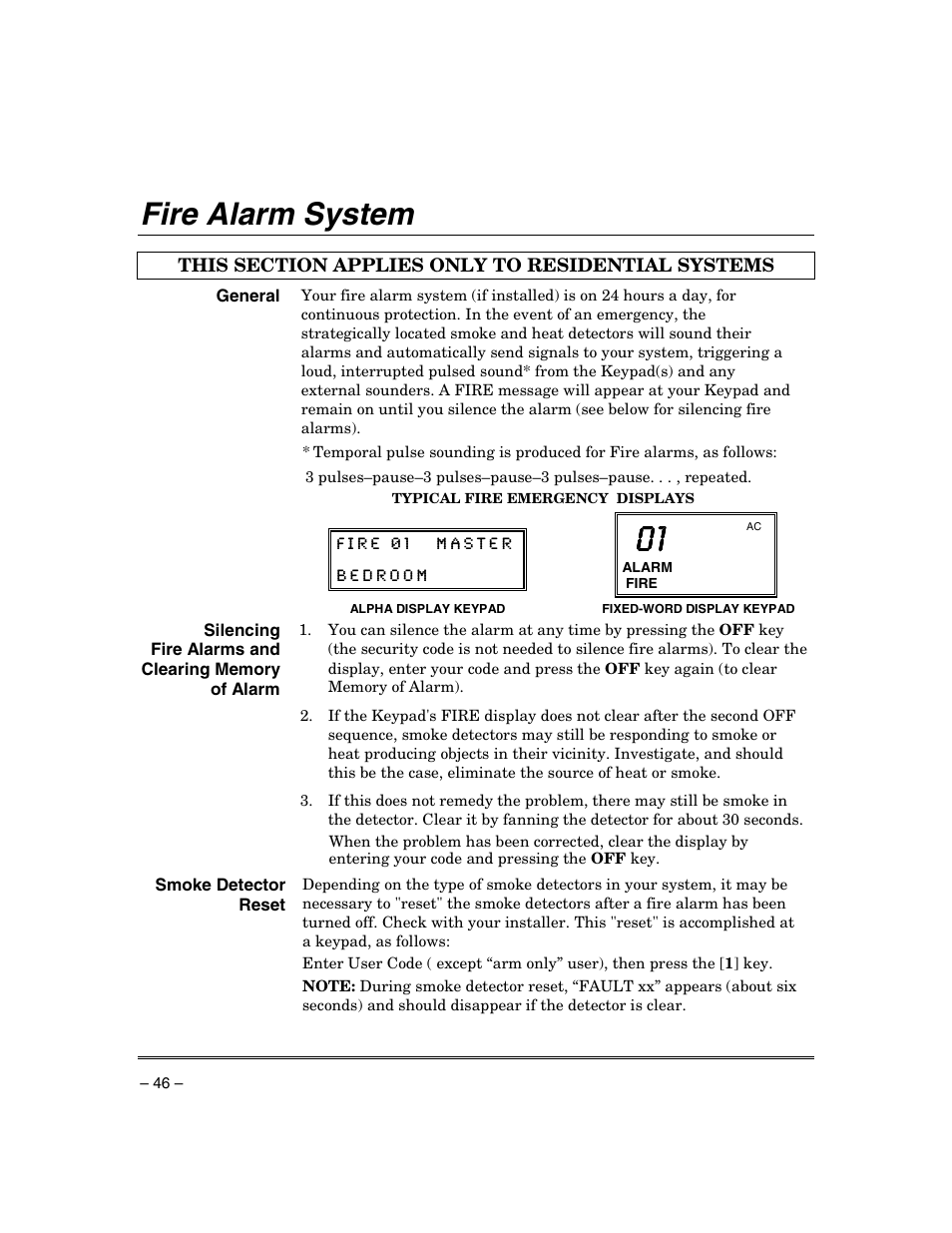 Fire alarm system | Honeywell ADEMCO VISTA VISTA-20PSIA User Manual | Page 46 / 64