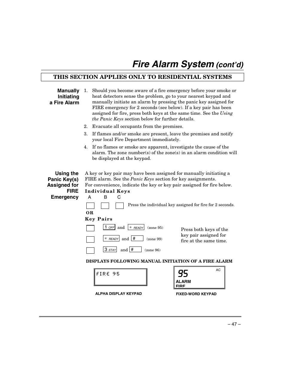 Fire alarm system, Cont’d) | Honeywell ADEMCO VISTA VISTA-20PSIA User Manual | Page 47 / 64