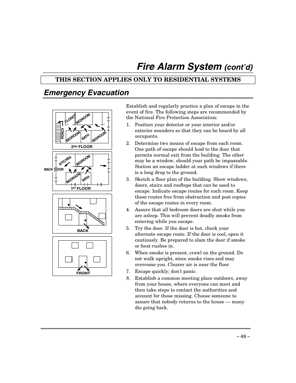 Fire alarm system, Cont’d), Emergency evacuation | Honeywell ADEMCO VISTA VISTA-20PSIA User Manual | Page 49 / 64