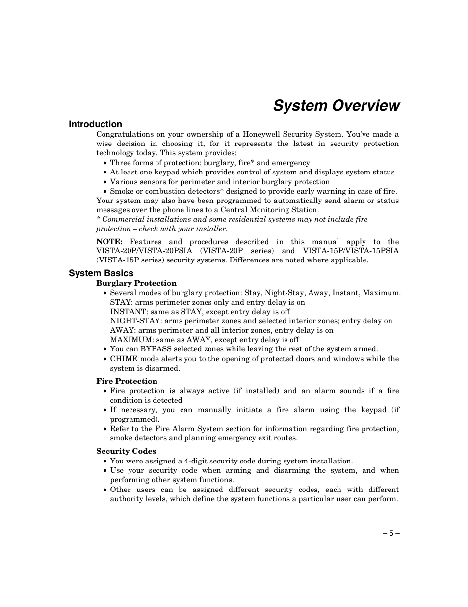 System overview | Honeywell ADEMCO VISTA VISTA-20PSIA User Manual | Page 5 / 64