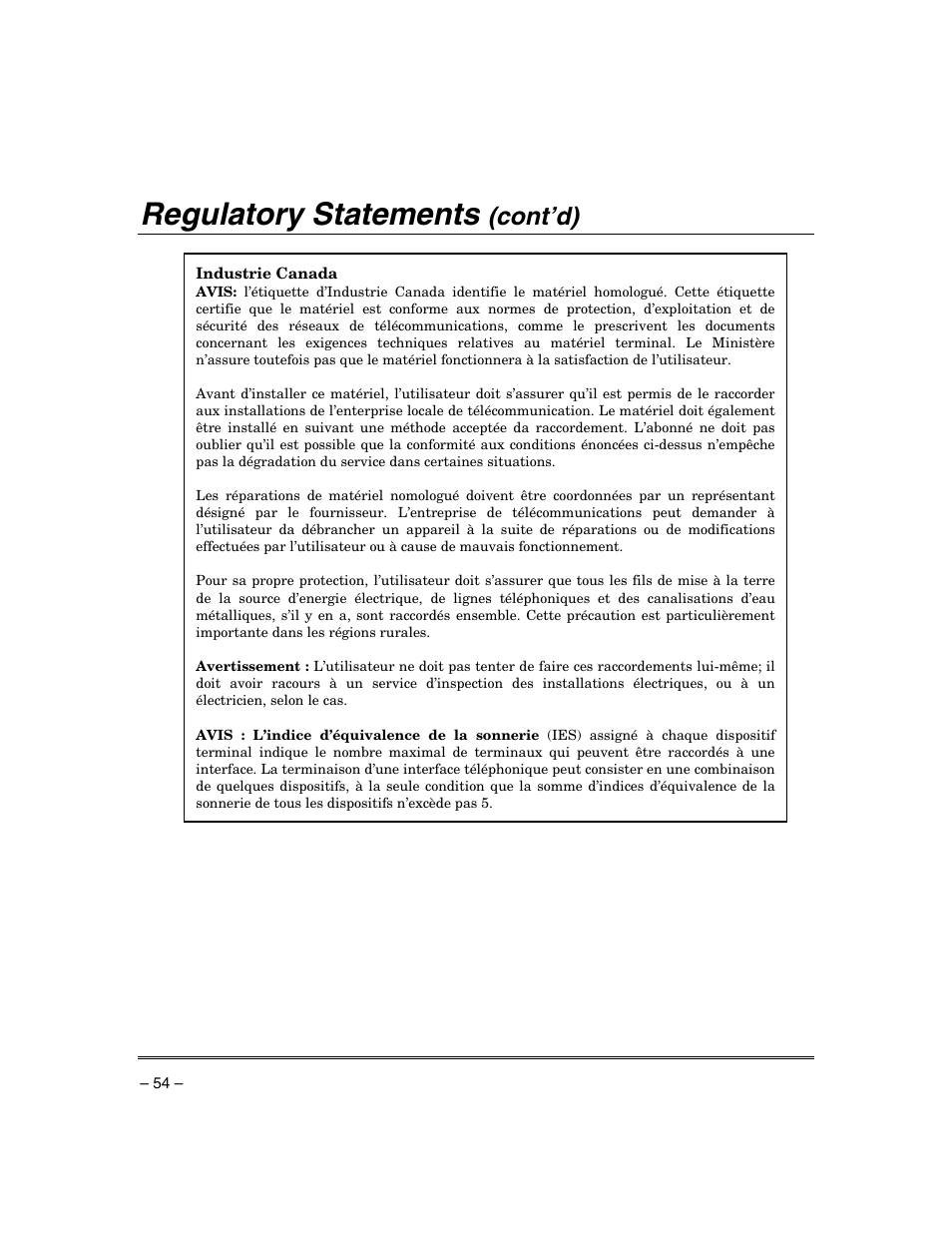 Regulatory statements, Cont’d) | Honeywell ADEMCO VISTA VISTA-20PSIA User Manual | Page 54 / 64