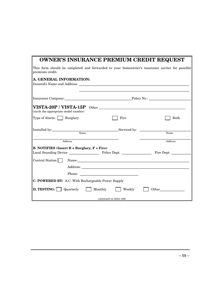 Owner’s insurance premium credit request, Vista-20p / vista-15p | Honeywell ADEMCO VISTA VISTA-20PSIA User Manual | Page 59 / 64