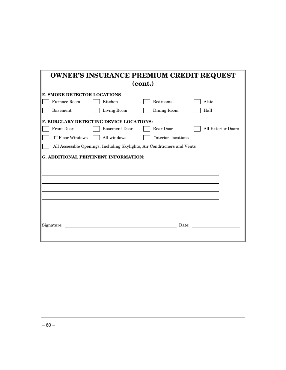 Owner’s insurance premium credit request (cont.) | Honeywell ADEMCO VISTA VISTA-20PSIA User Manual | Page 60 / 64