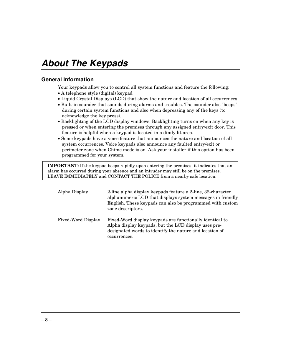 About the keypads | Honeywell ADEMCO VISTA VISTA-20PSIA User Manual | Page 8 / 64