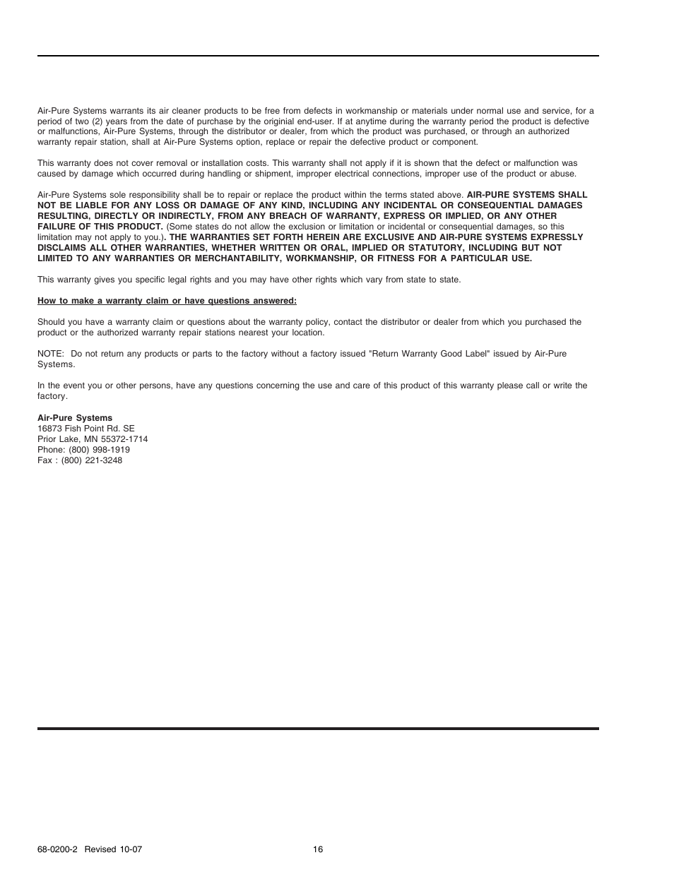 Limited two-year warranty | Honeywell F116 User Manual | Page 16 / 16
