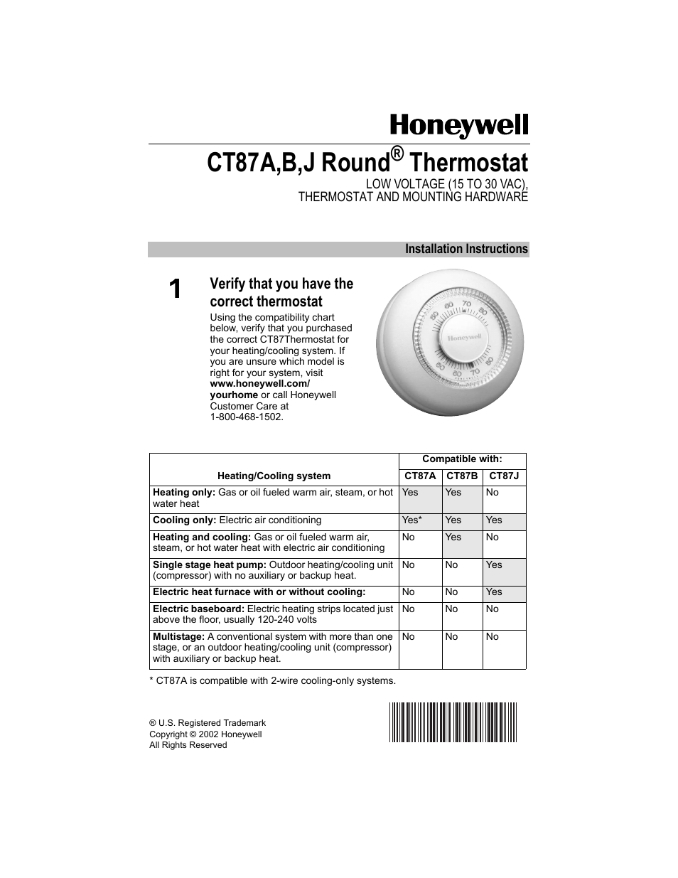 Honeywell CT87A User Manual | 12 pages