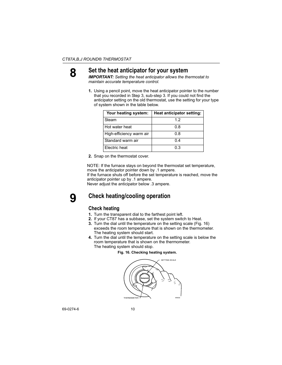 Set the heat anticipator for your system, Check heating/cooling operation | Honeywell CT87A User Manual | Page 10 / 12