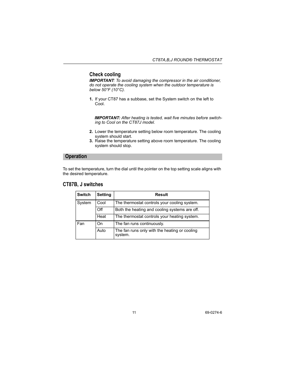 Check cooling, Ct87b, j switches, Operation | Honeywell CT87A User Manual | Page 11 / 12