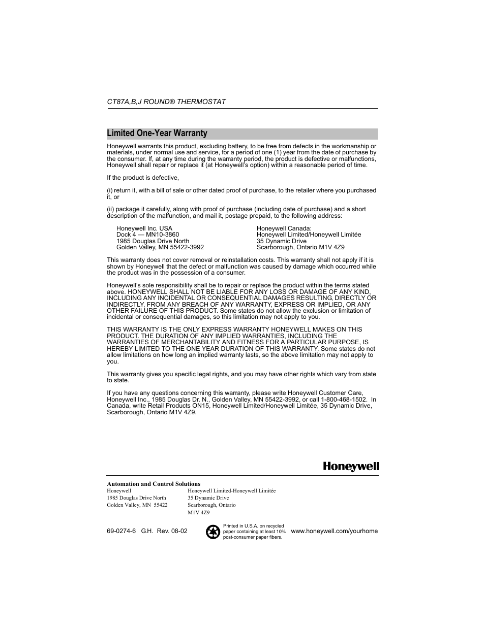 Limited one-year warranty | Honeywell CT87A User Manual | Page 12 / 12