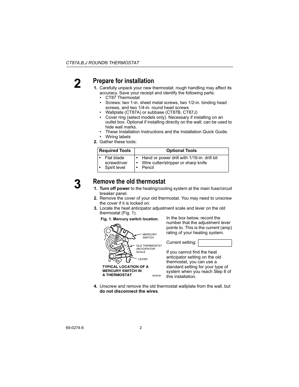 Prepare for installation, Remove the old thermostat | Honeywell CT87A User Manual | Page 2 / 12