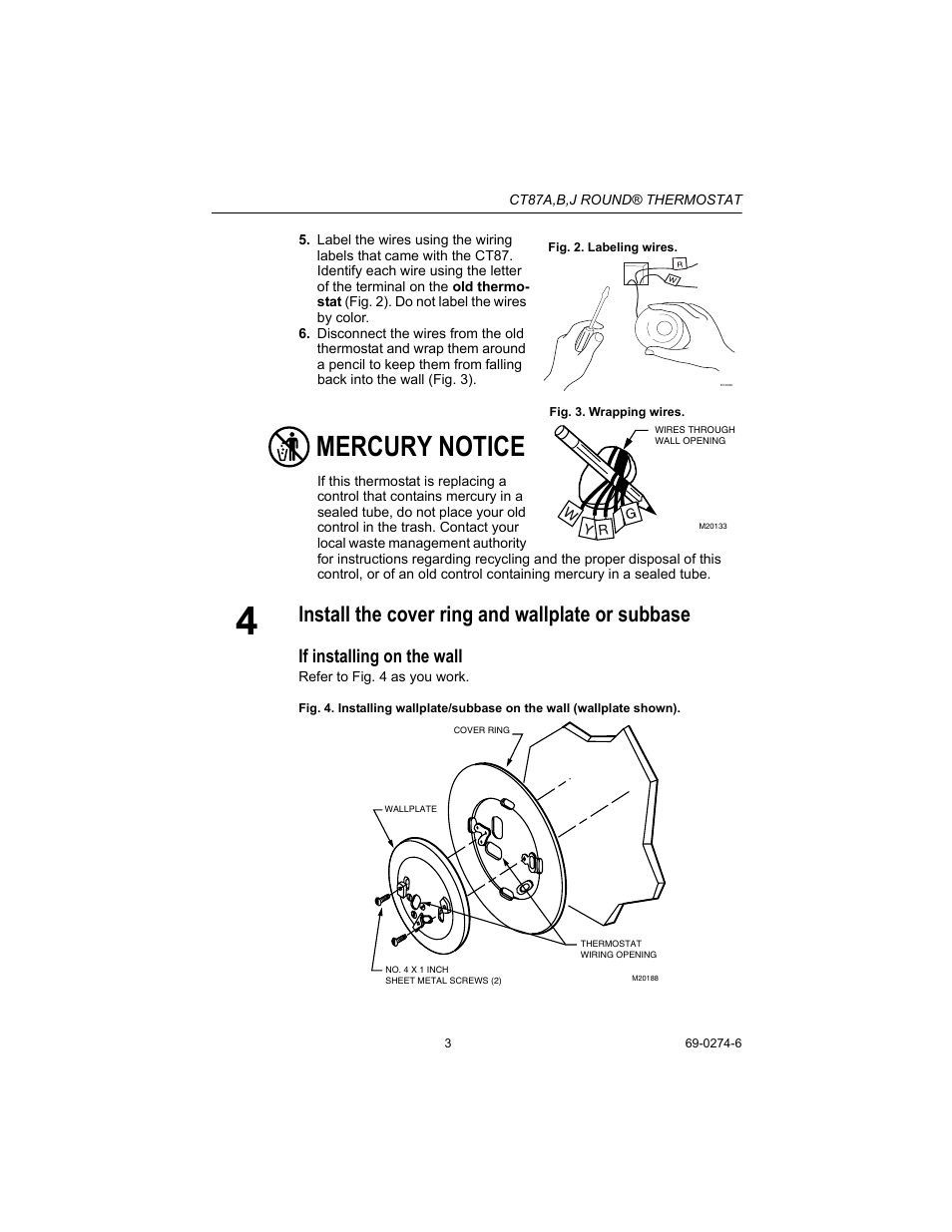 Install the cover ring and wallplate or subbase, Mercury notice, If installing on the wall | Honeywell CT87A User Manual | Page 3 / 12