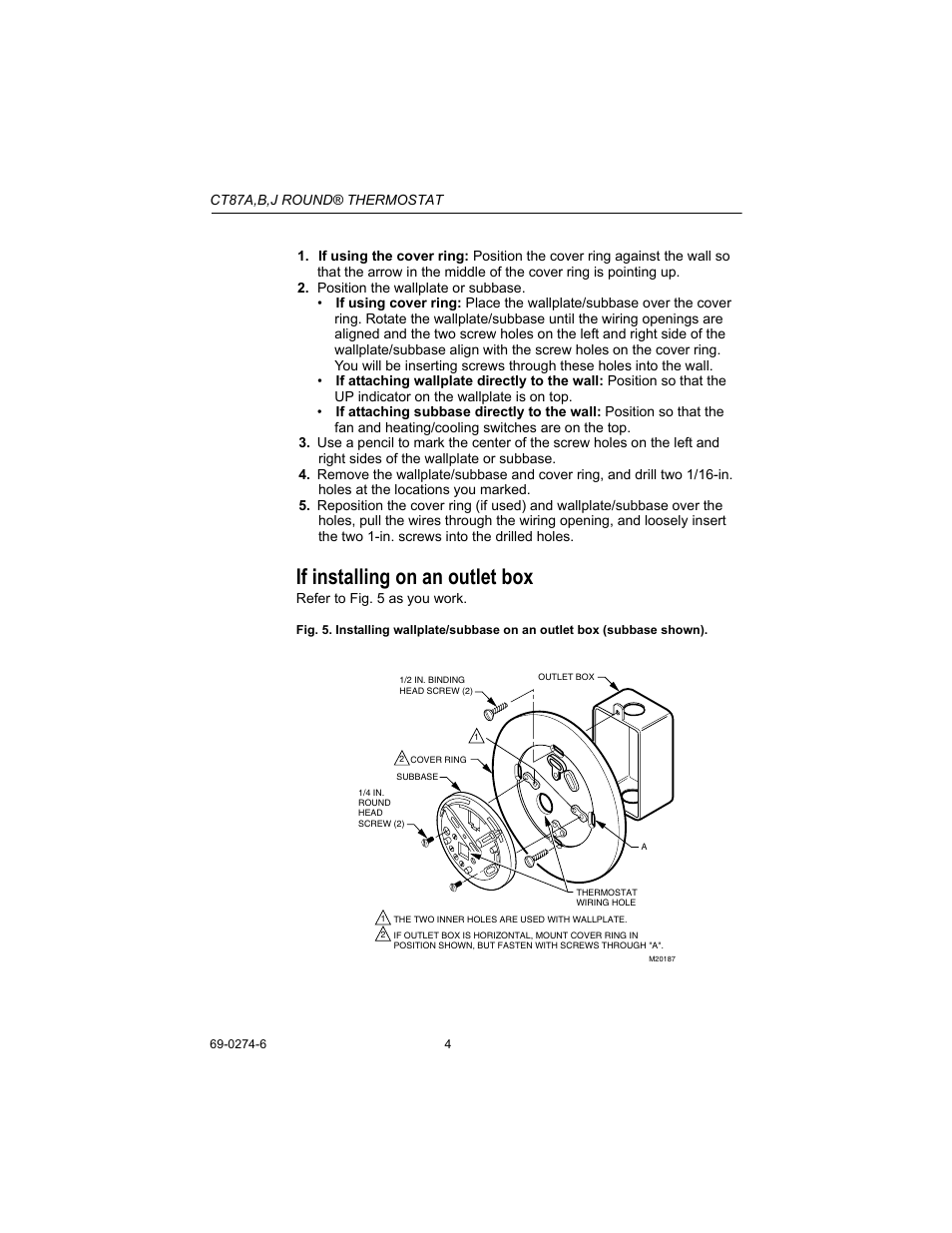 If installing on an outlet box | Honeywell CT87A User Manual | Page 4 / 12