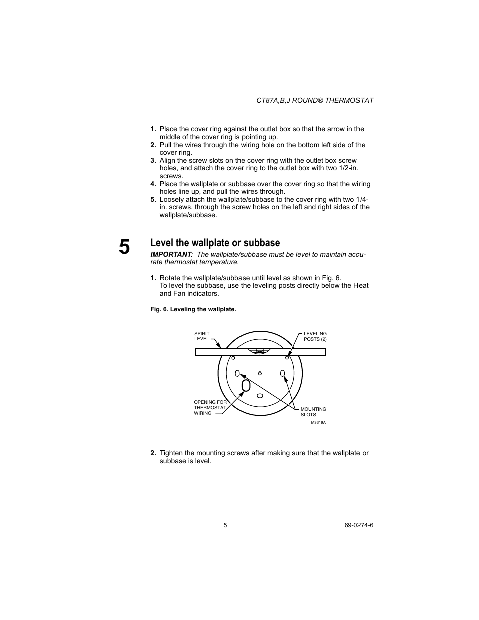 Level the wallplate or subbase | Honeywell CT87A User Manual | Page 5 / 12