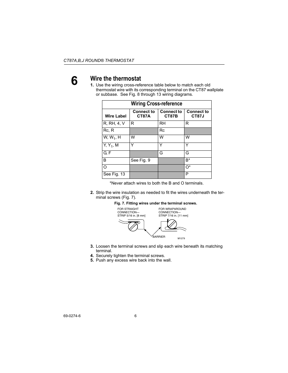 Wire the thermostat, Wiring cross-reference | Honeywell CT87A User Manual | Page 6 / 12