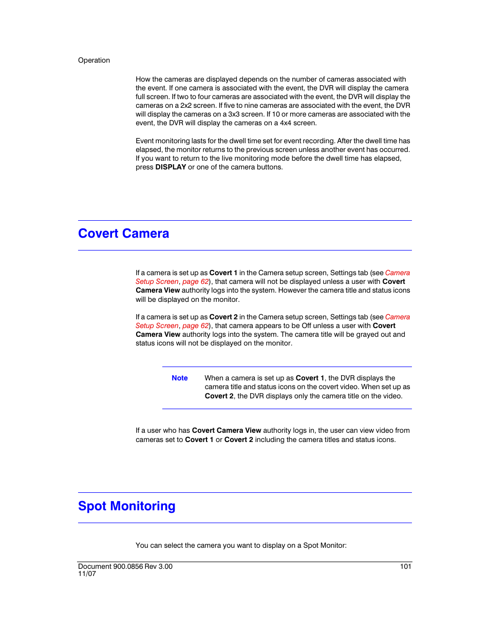 Covert camera, Spot monitoring, Covert camera spot monitoring | Honeywell HRXD9 User Manual | Page 101 / 156