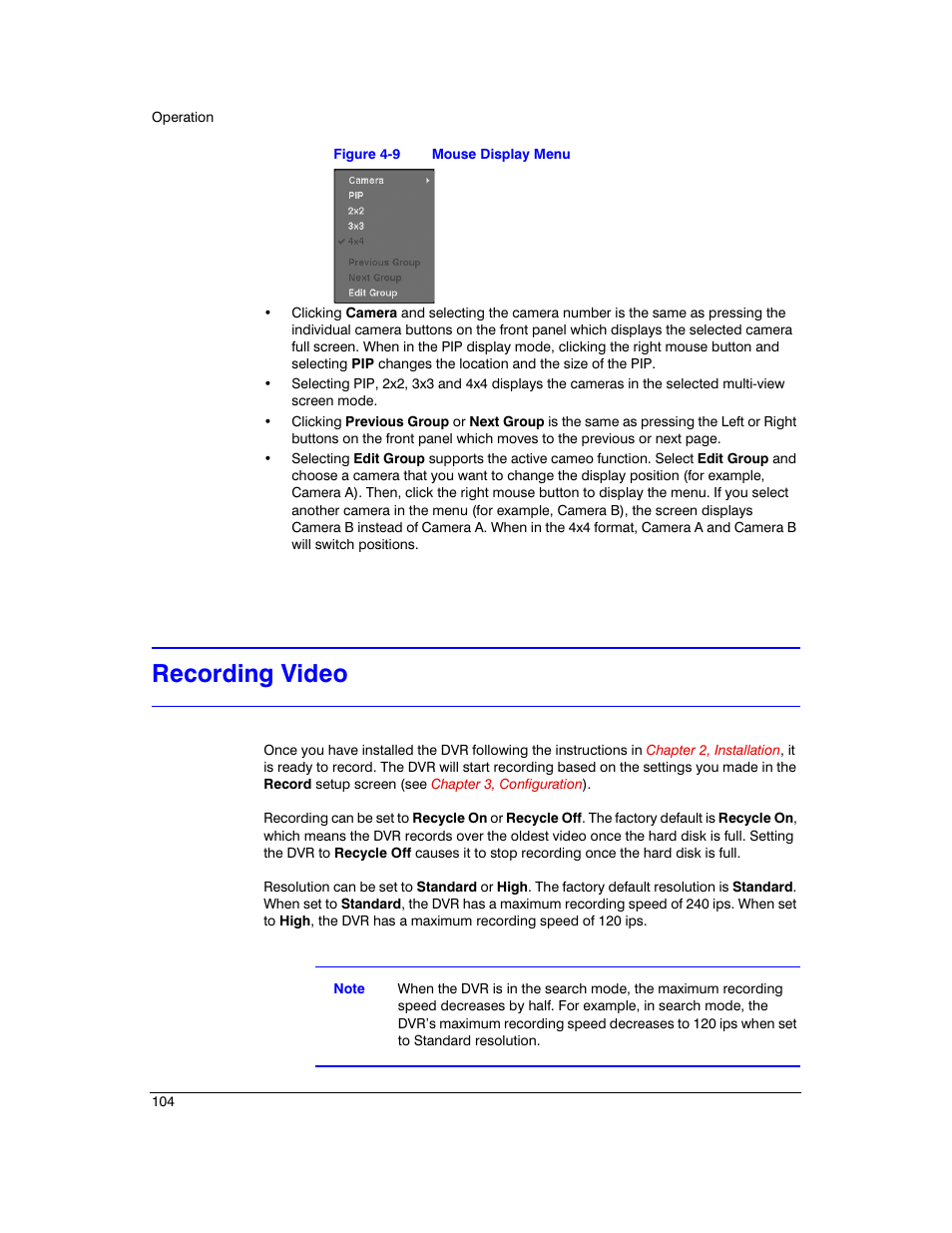 Recording video, Figure 4-9, Mouse display menu | Honeywell HRXD9 User Manual | Page 104 / 156