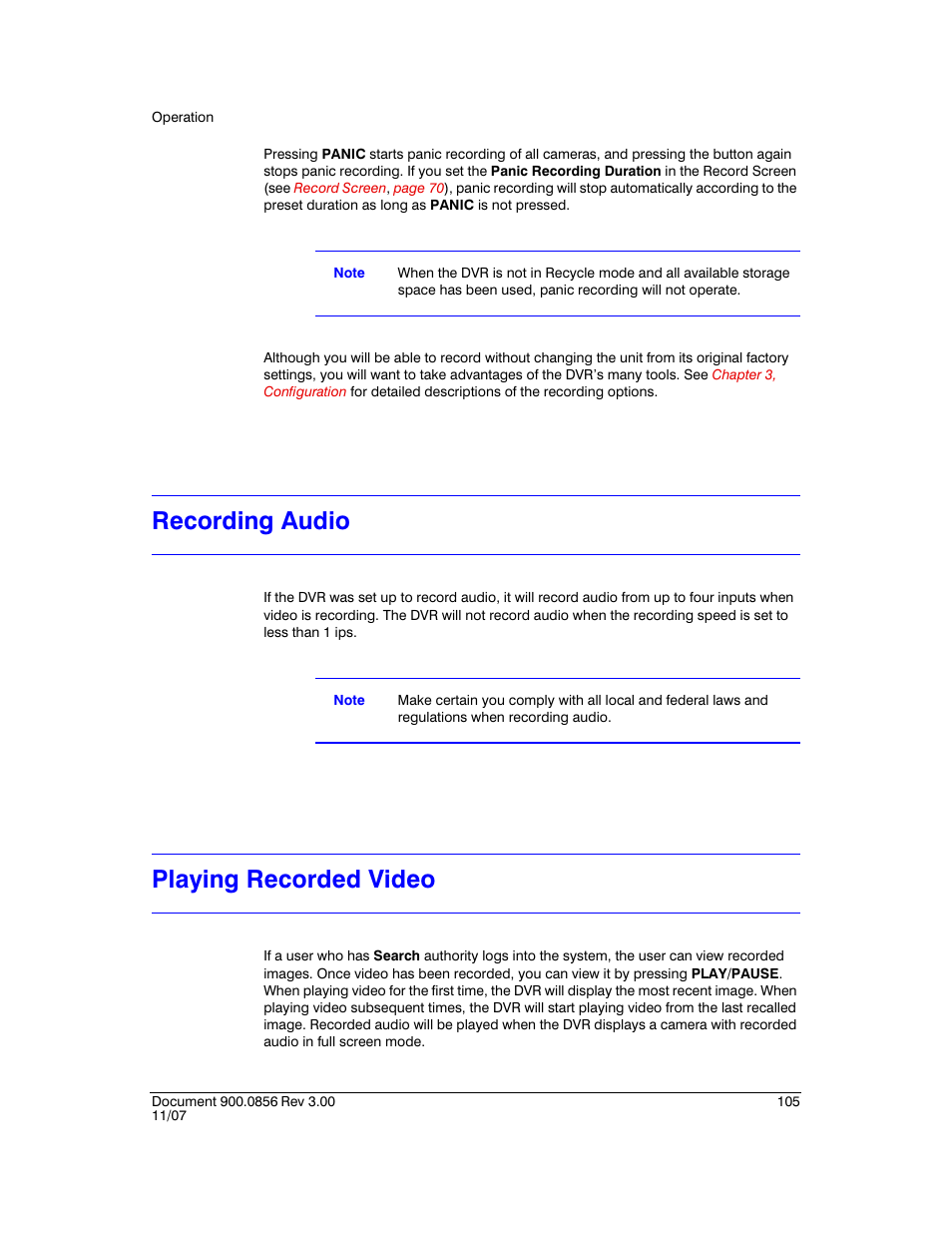 Recording audio, Playing recorded video, Recording audio playing recorded video | Honeywell HRXD9 User Manual | Page 105 / 156