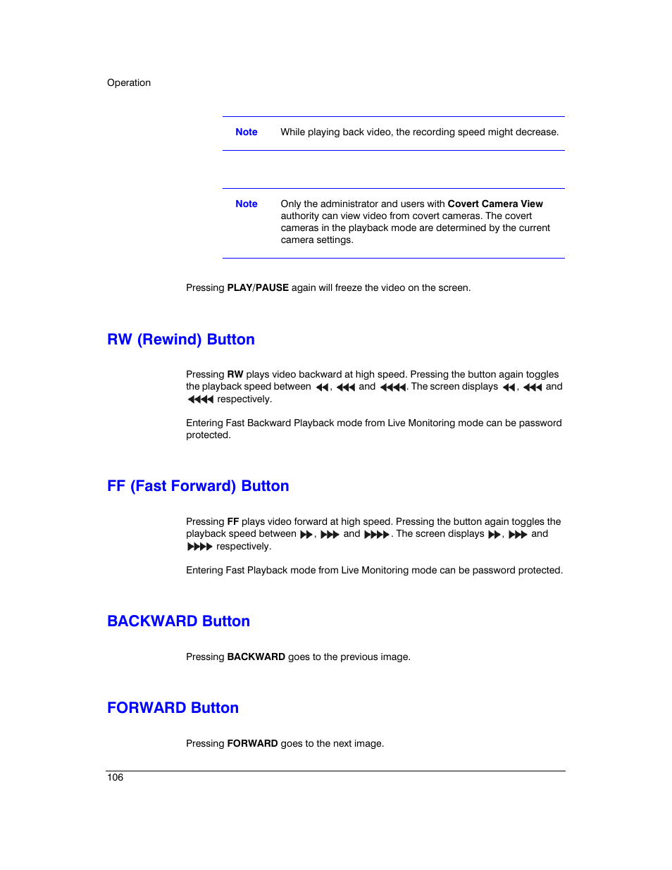 Rw (rewind) button, Ff (fast forward) button, Backward button | Forward button | Honeywell HRXD9 User Manual | Page 106 / 156