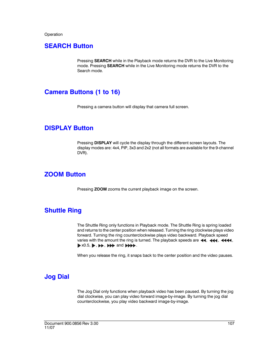 Search button, Camera buttons (1 to 16), Display button | Zoom button, Shuttle ring, Jog dial | Honeywell HRXD9 User Manual | Page 107 / 156