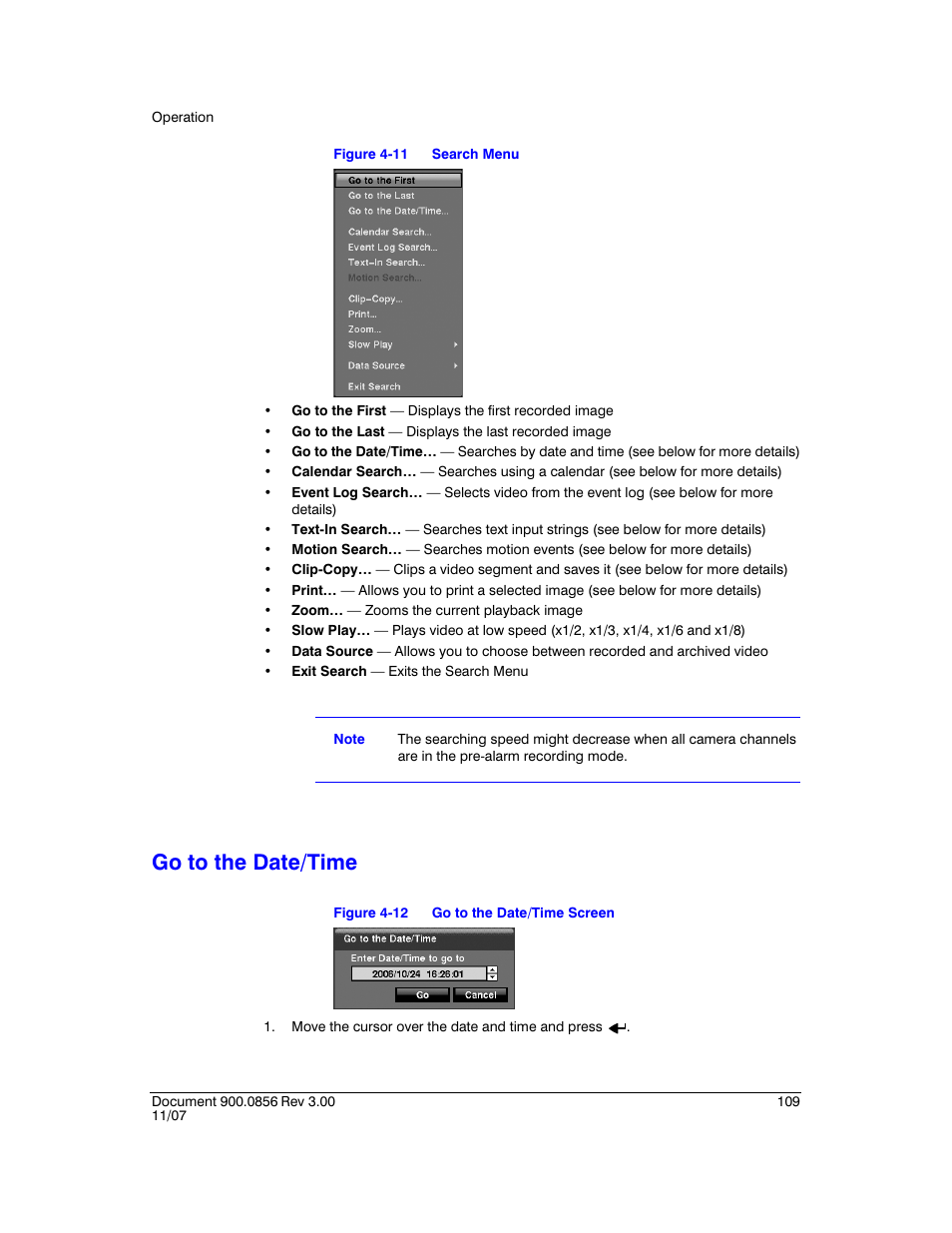 Go to the date/time, Figure 4-11, Search menu | Figure 4-12, Go to the date/time screen | Honeywell HRXD9 User Manual | Page 109 / 156