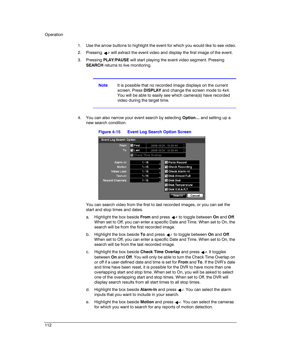 Figure 4-15, Event log search option screen | Honeywell HRXD9 User Manual | Page 112 / 156
