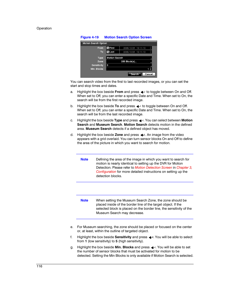 Figure 4-19, Motion search option screen | Honeywell HRXD9 User Manual | Page 116 / 156