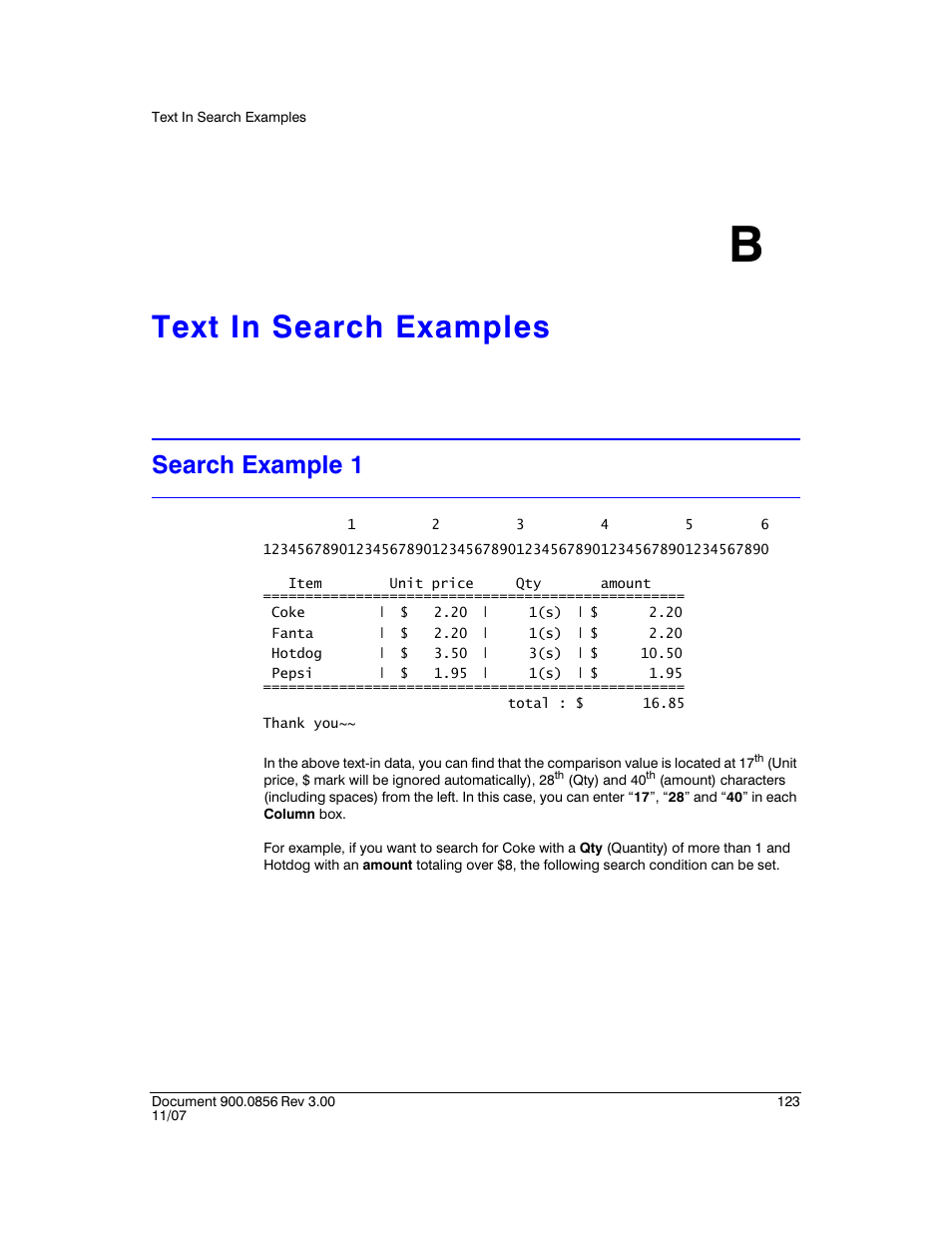Text in search examples b, Search example 1, Appendix b | Text in search examples, Appendix b, text in search examples, Provides typical exampl | Honeywell HRXD9 User Manual | Page 123 / 156