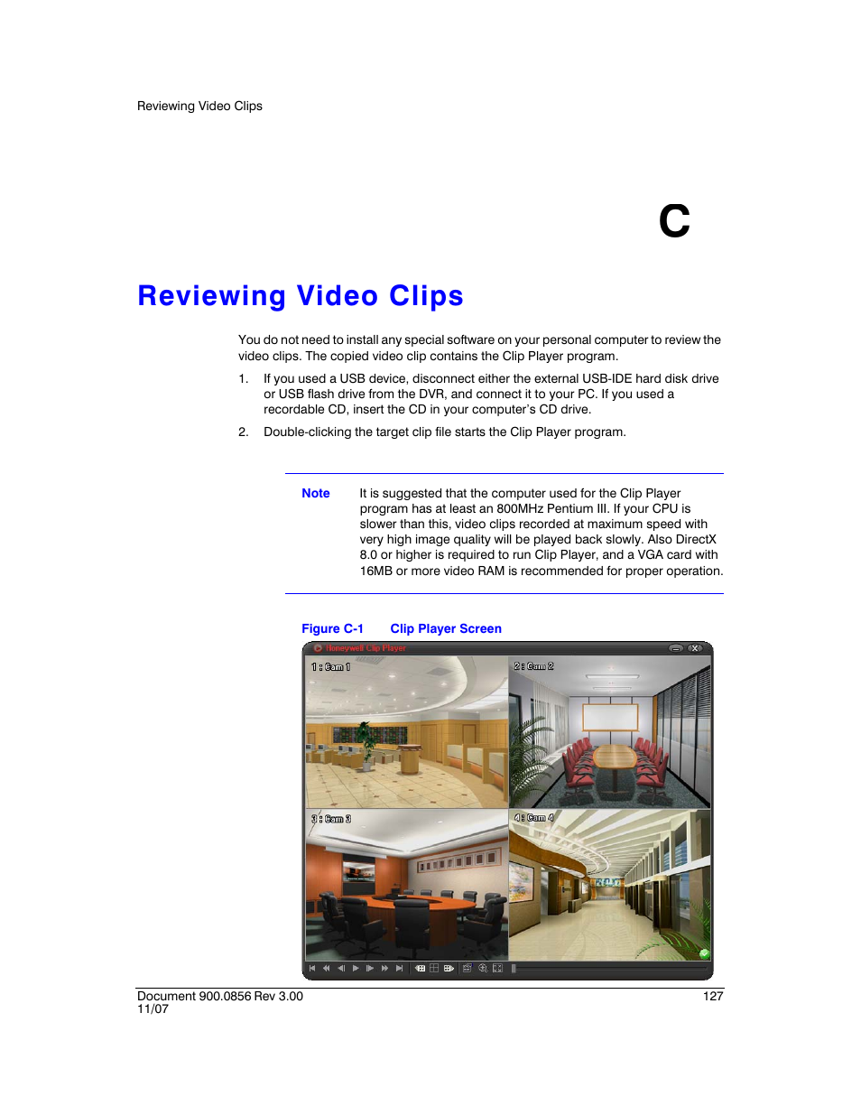 Reviewing video clips c, Appendix c, Reviewing video clips | Figure c-1, Clip player screen, Appendix c, reviewing video clips | Honeywell HRXD9 User Manual | Page 127 / 156