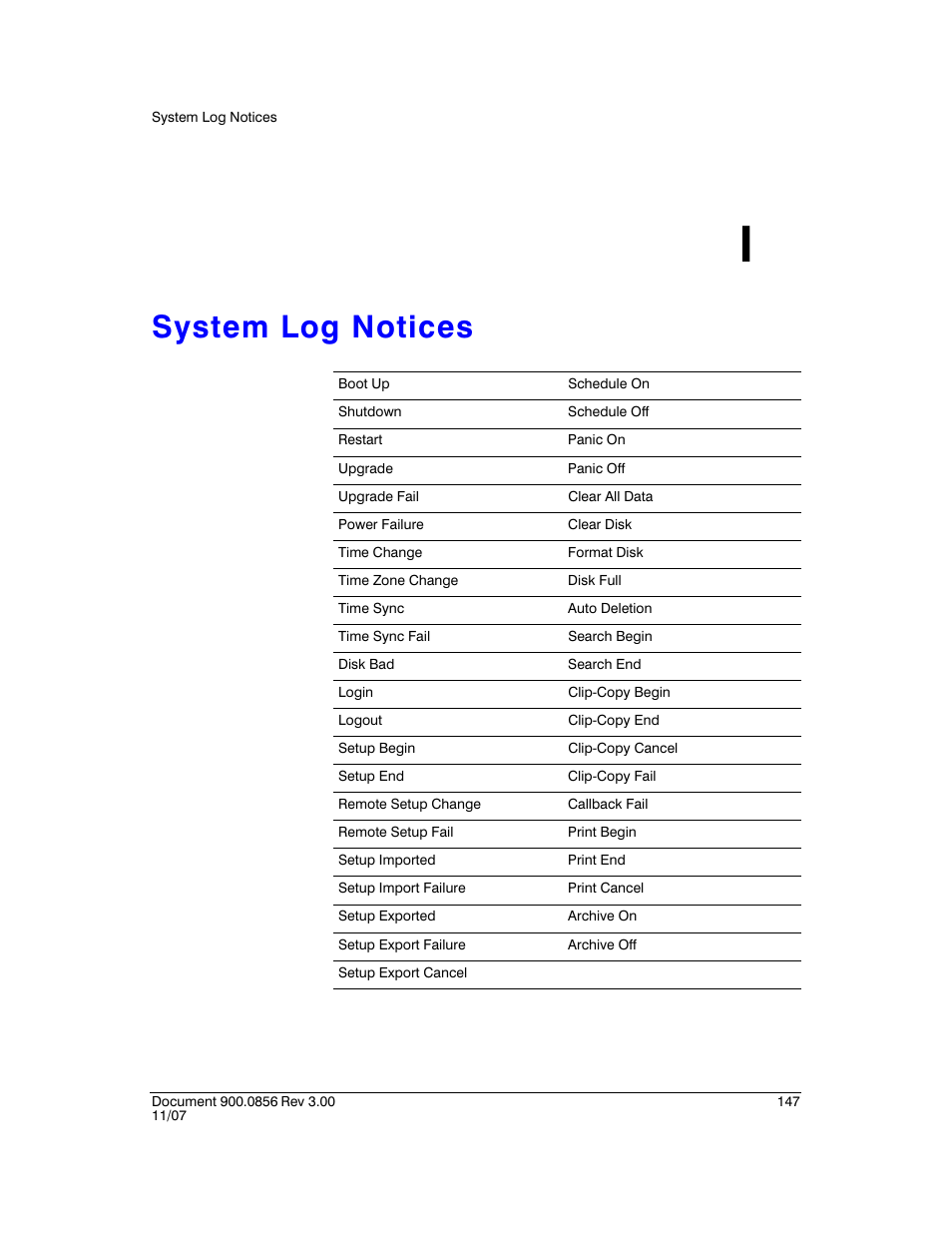 System log notices i, Appendix i, System log notices | Appendix i, system log notices, Lists all of th | Honeywell HRXD9 User Manual | Page 147 / 156