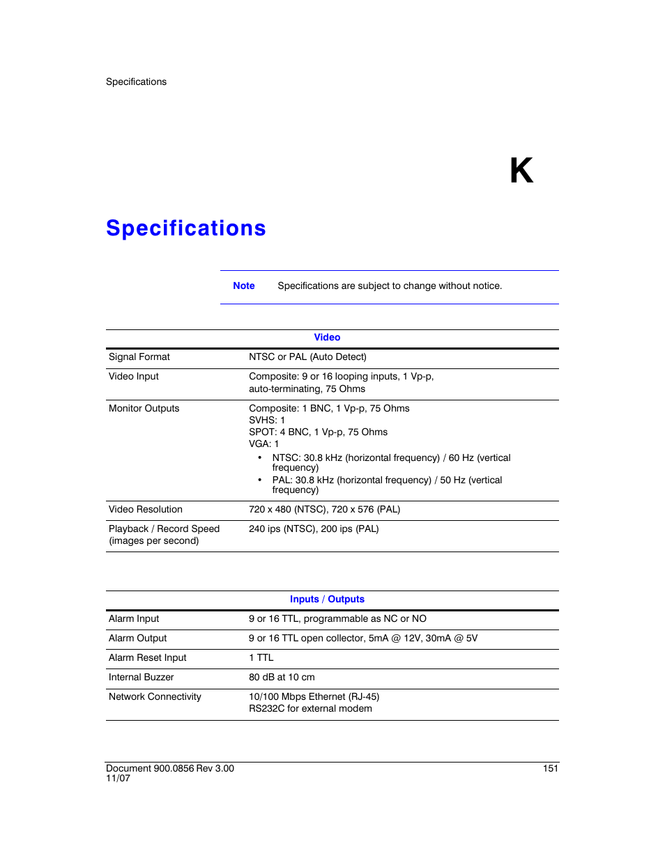 Specifications k, Ix k, Specifications | Appendix k, specifications, Lists the dvr specifications | Honeywell HRXD9 User Manual | Page 151 / 156