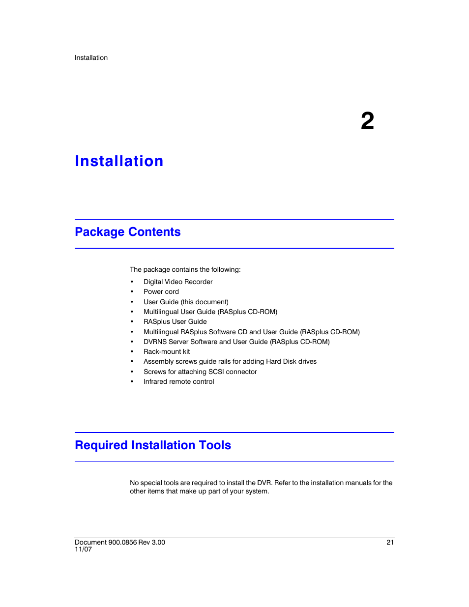 Installation 2, Package contents, Required installation tools | Installation, Package contents required installation tools, Chapter 2, installation, Describes how t | Honeywell HRXD9 User Manual | Page 21 / 156