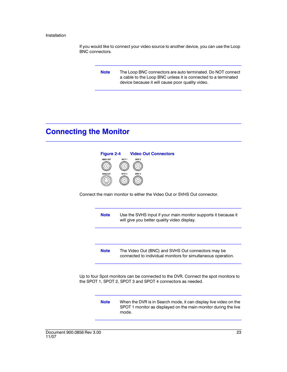 Connecting the monitor, Figure 2-4, Video out connectors | Honeywell HRXD9 User Manual | Page 23 / 156