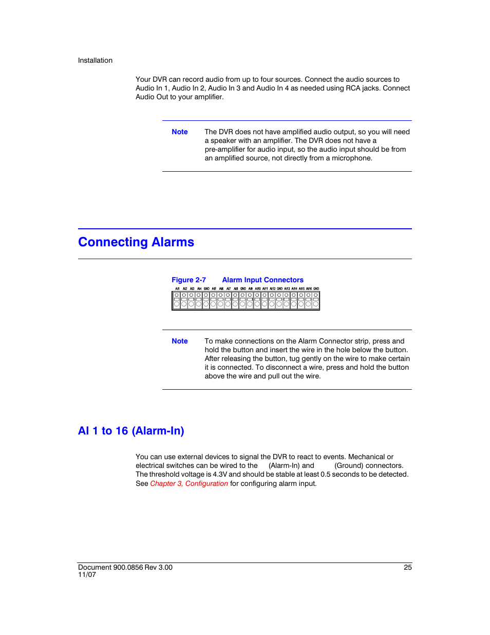 Connecting alarms, Ai 1 to 16 (alarm-in), Figure 2-7 | Alarm input connectors | Honeywell HRXD9 User Manual | Page 25 / 156