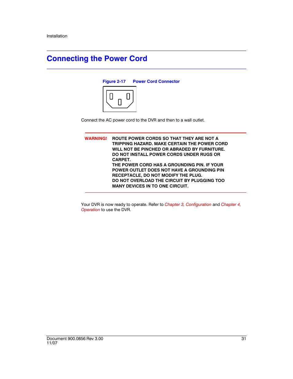Connecting the power cord, Figure 2-17, Power cord connector | Honeywell HRXD9 User Manual | Page 31 / 156