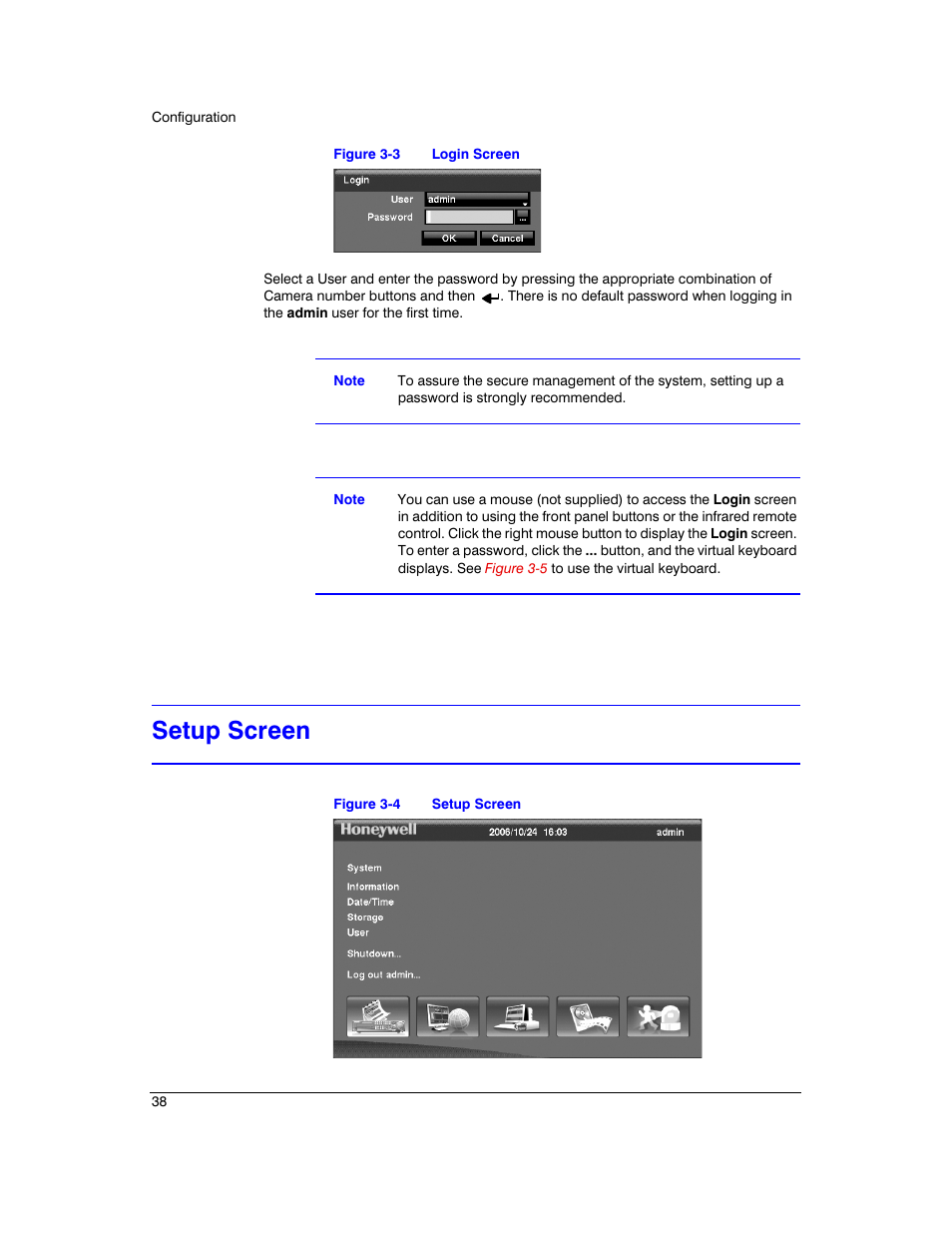 Setup screen, Figure 3-3, Login screen | Figure 3-4 | Honeywell HRXD9 User Manual | Page 38 / 156