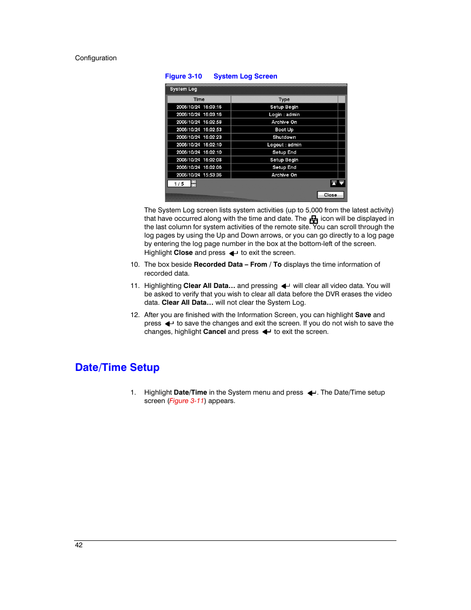 Date/time setup, Figure 3-10, System log screen | Honeywell HRXD9 User Manual | Page 42 / 156
