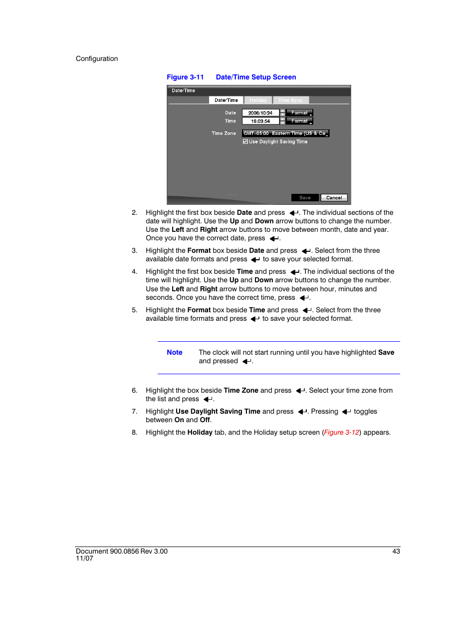 Figure 3-11, Date/time setup screen | Honeywell HRXD9 User Manual | Page 43 / 156