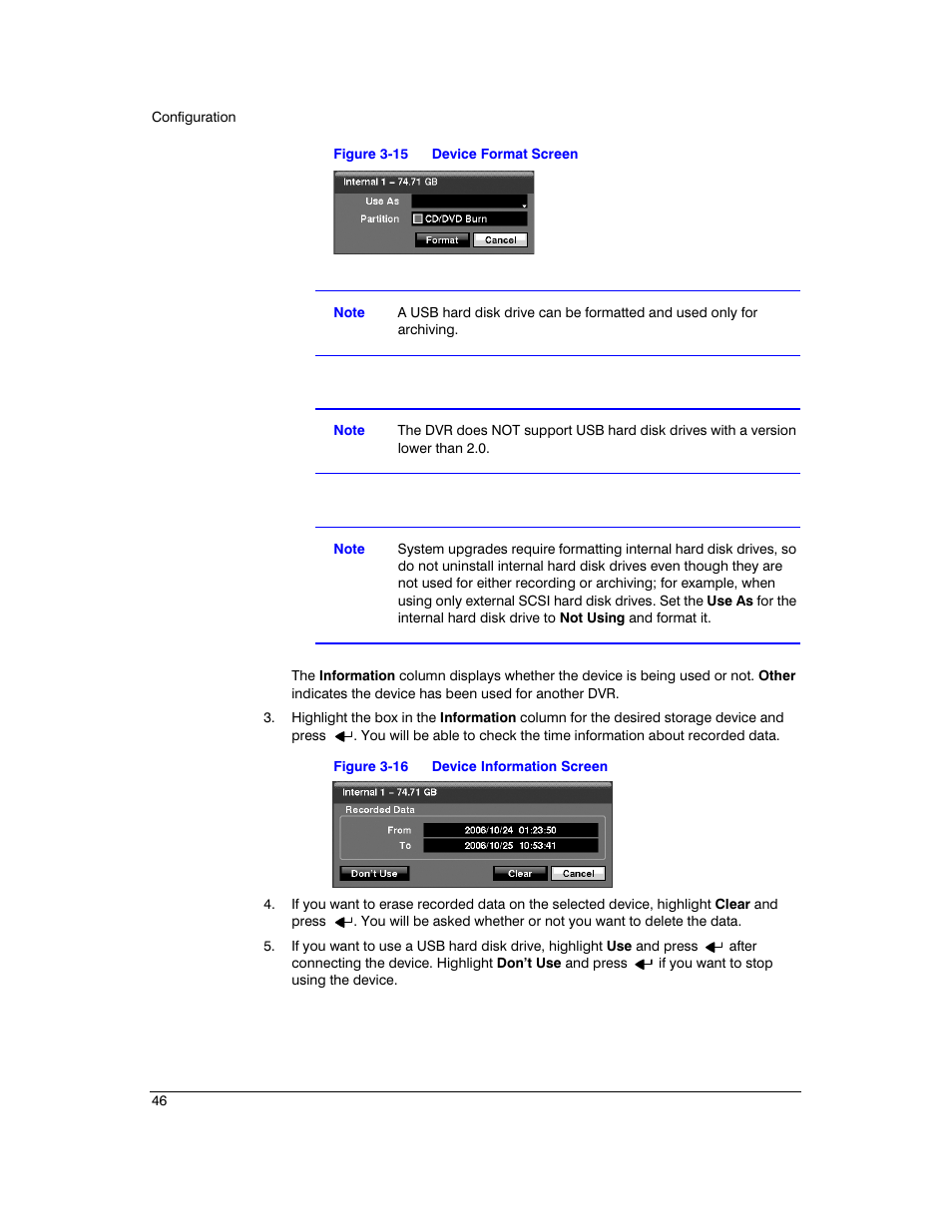 Figure 3-15, Device format screen, Figure 3-16 | Device information screen | Honeywell HRXD9 User Manual | Page 46 / 156