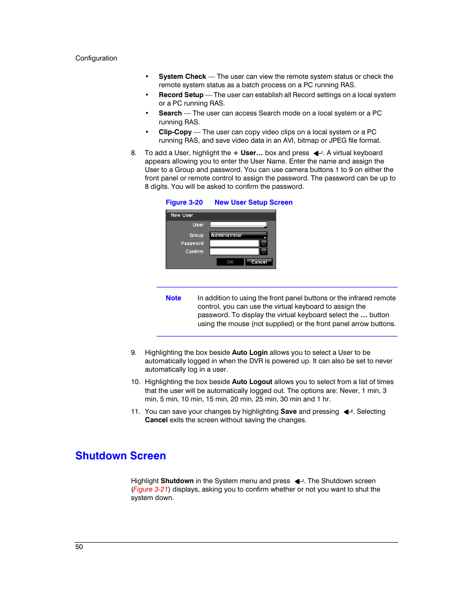 Shutdown screen, Figure 3-20, New user setup screen | Honeywell HRXD9 User Manual | Page 50 / 156