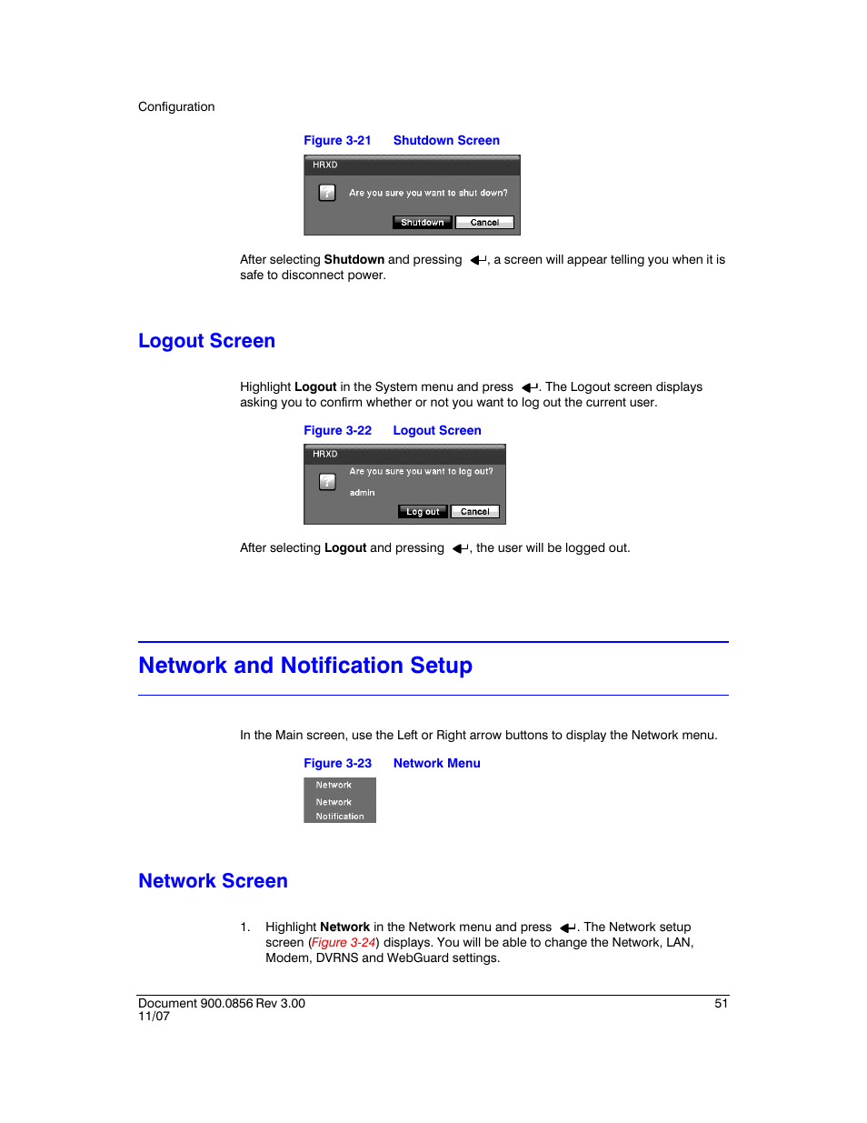 Logout screen, Network and notification setup, Network screen | Figure 3-21, Shutdown screen, Figure 3-22, Figure 3-23, Network menu | Honeywell HRXD9 User Manual | Page 51 / 156