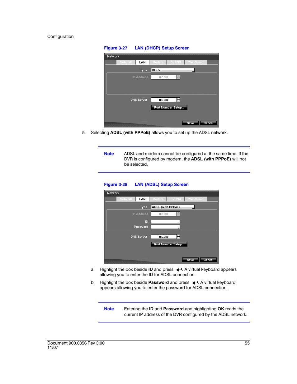 Figure 3-27, Lan (dhcp) setup screen, Figure 3-28 | Lan (adsl) setup screen | Honeywell HRXD9 User Manual | Page 55 / 156