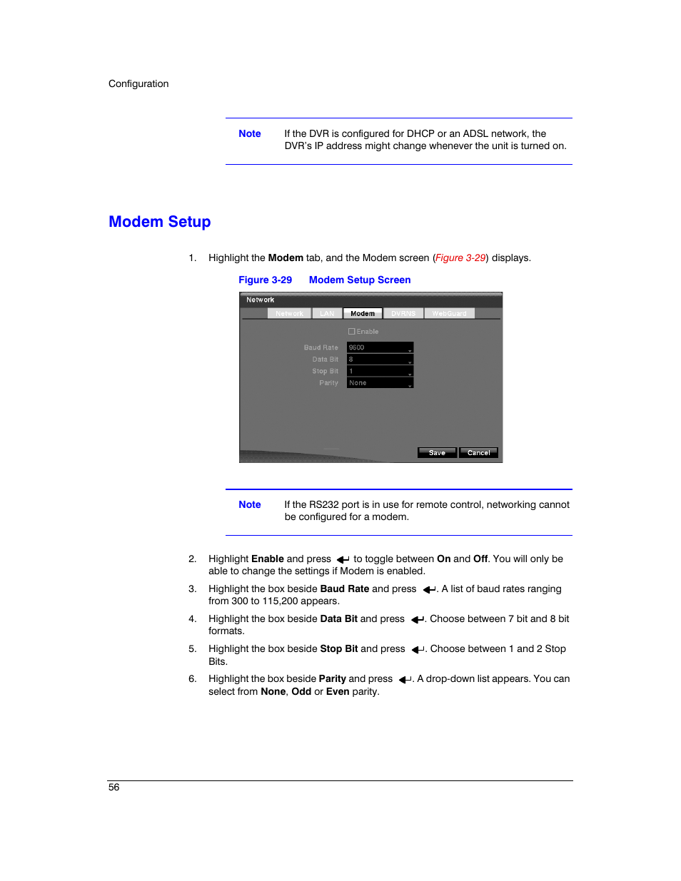 Modem setup, Figure 3-29, Modem setup screen | Honeywell HRXD9 User Manual | Page 56 / 156