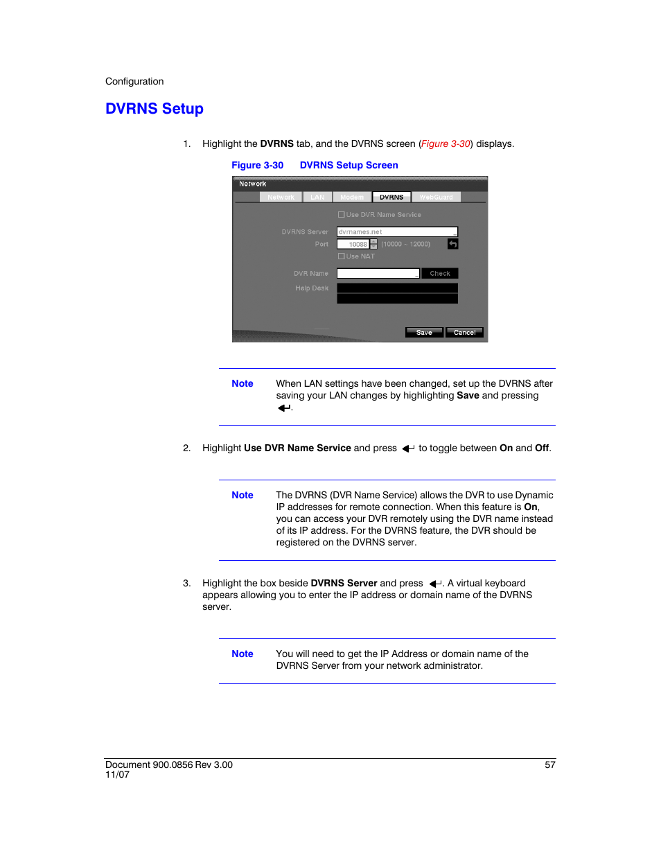 Dvrns setup, Figure 3-30, Dvrns setup screen | Honeywell HRXD9 User Manual | Page 57 / 156