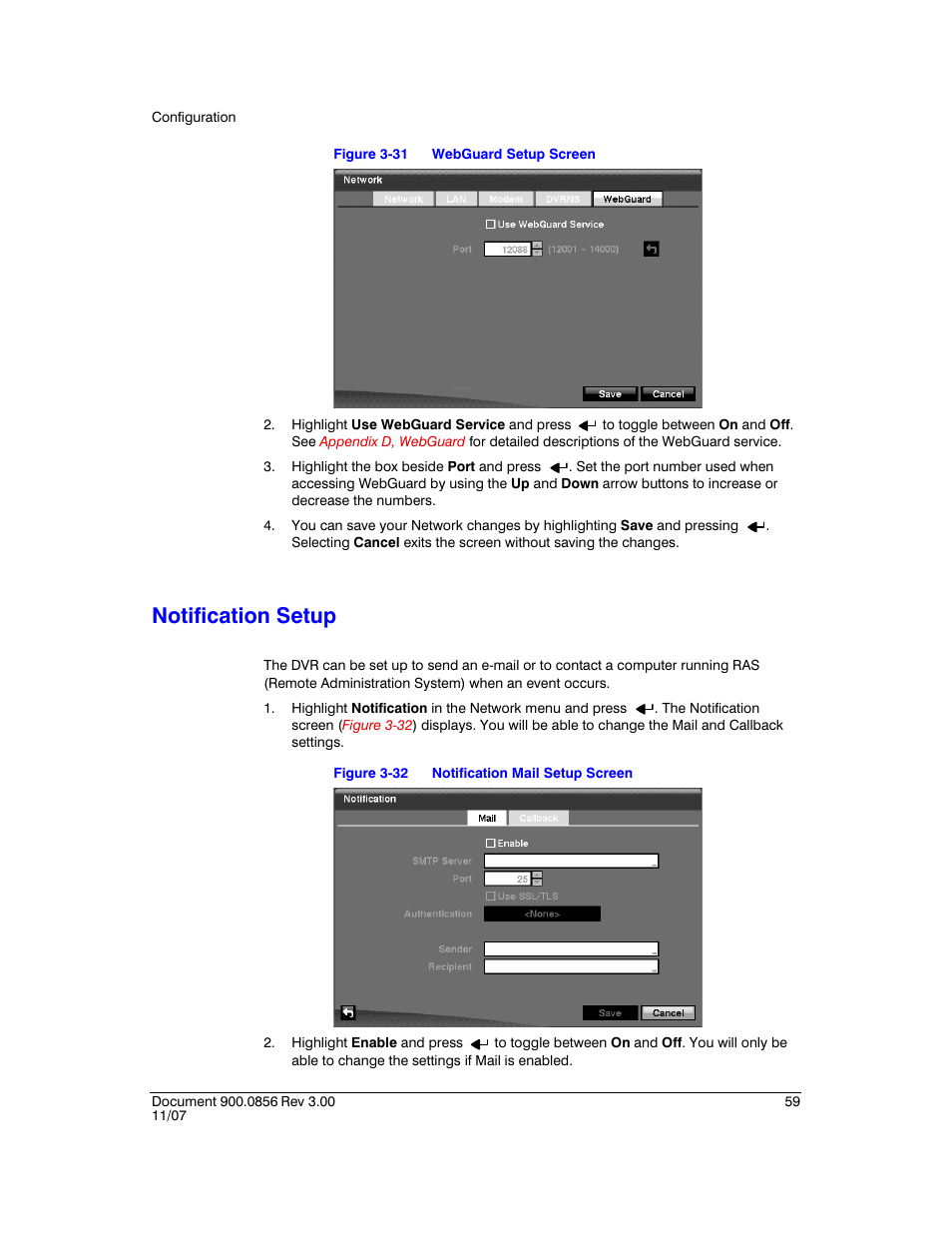 Notification setup, Figure 3-31, Webguard setup screen | Figure 3-32, Notification mail setup screen | Honeywell HRXD9 User Manual | Page 59 / 156