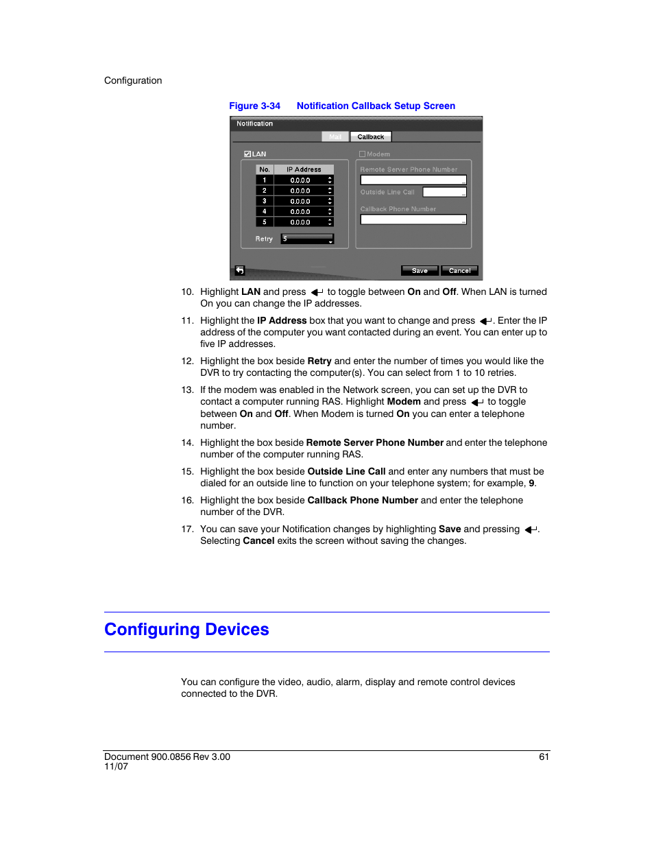 Configuring devices, Figure 3-34, Notification callback setup screen | Llback screen, Displa | Honeywell HRXD9 User Manual | Page 61 / 156